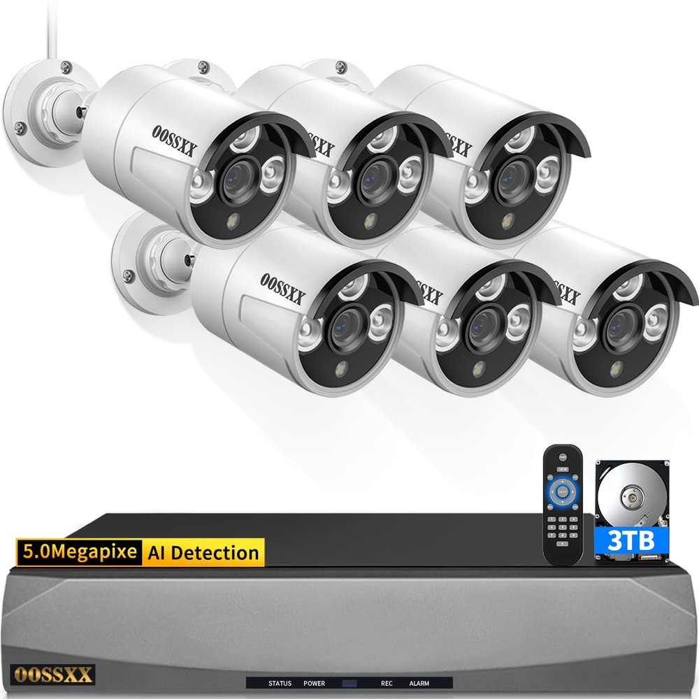 OOSSXX (HD 2.7K 5.0MP with Audio Outdoor Wired Security Camera Systems PoE Outdoor Surveillance Video System