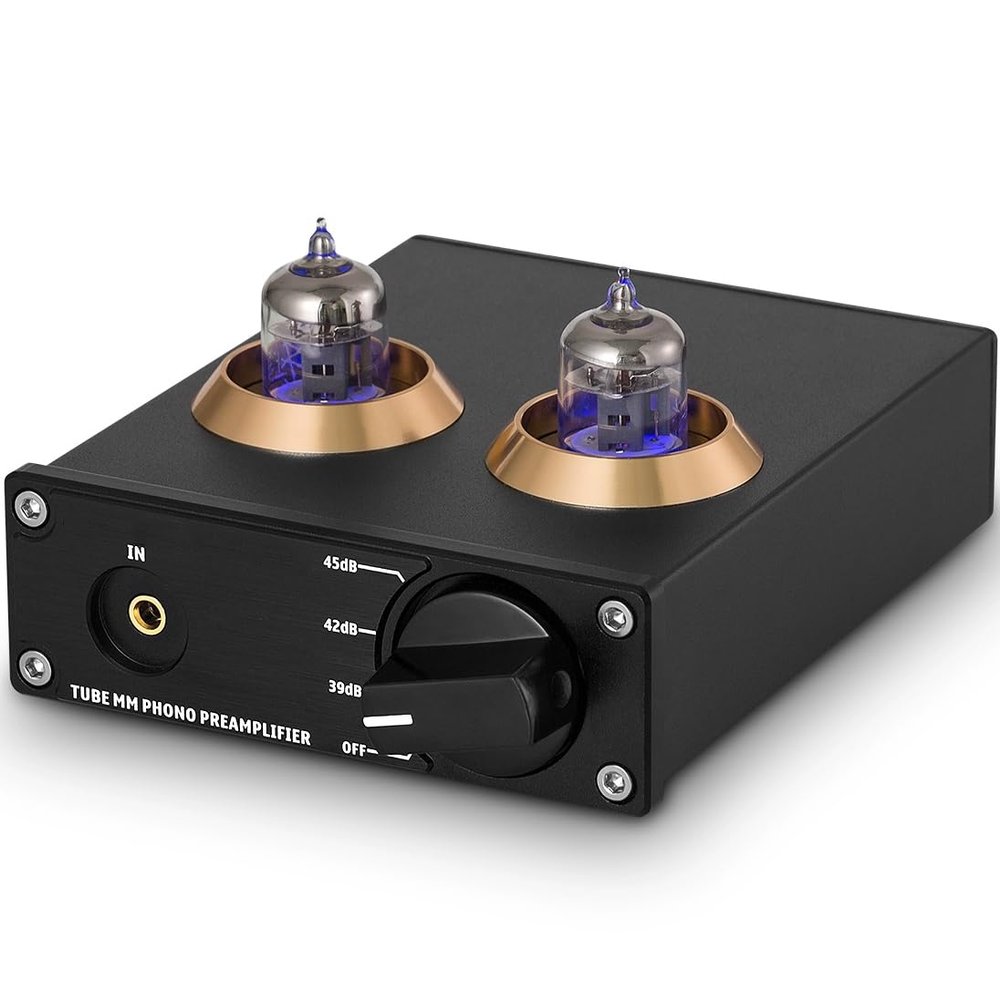 SICWEDIM Mini Audio Preamplifier, HiFi MM Phono Stage Turntable Preamp, 2 Vacuum Tube, with Gain Adjustment Switch, for Home Theater HiFi
