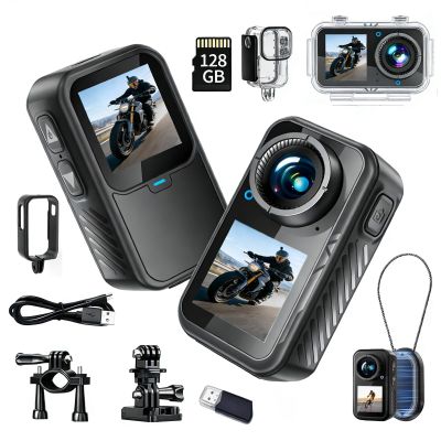 Mini Action Camera 4K Dual Screen,128G Waterproof Motorcycle Cameras, Wearable POV Chest Camera,Thumb Sports Cam,WiFi App Remote Control for Running Cycling Swimming Hiking Adventures Motorcycle