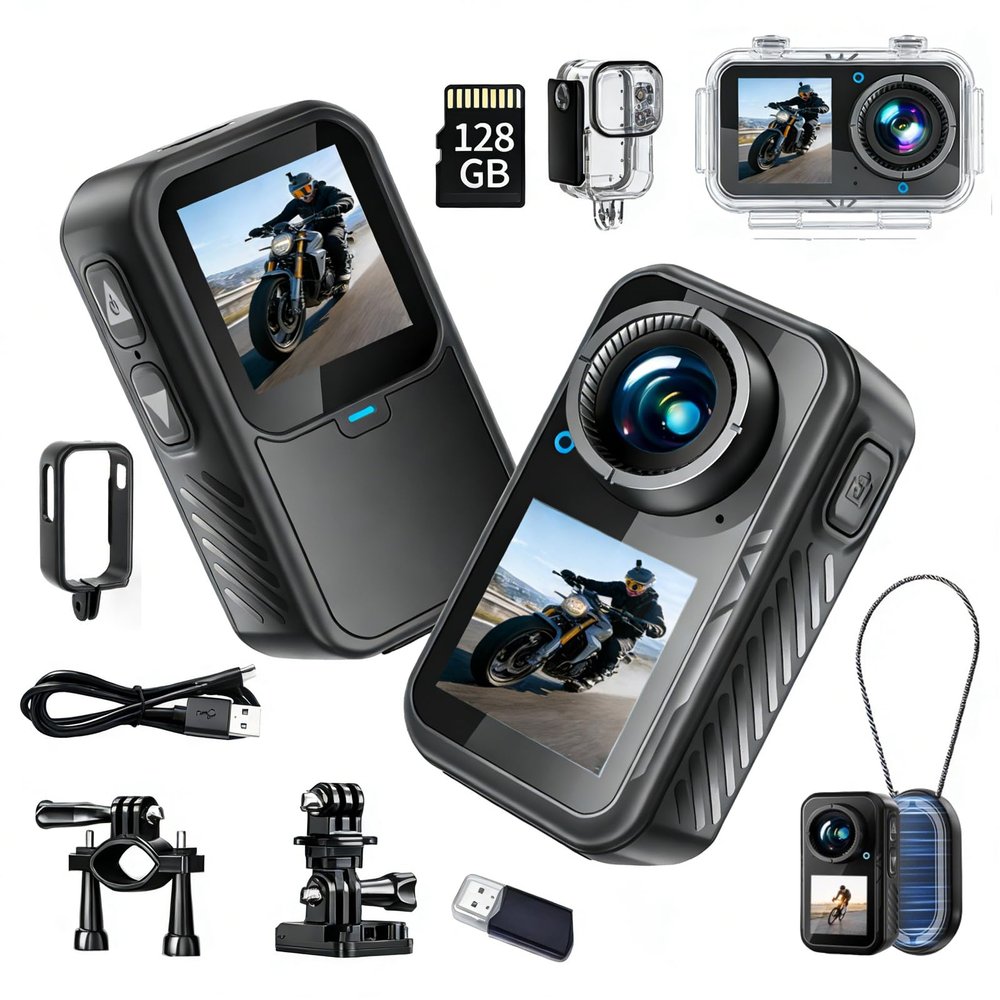 Mini Action Camera 4K Dual Screen,128G Waterproof Motorcycle Cameras, Wearable POV Chest Camera,Thumb Sports Cam,WiFi App Remote Control for Running Cycling Swimming Hiking Adventures Motorcycle