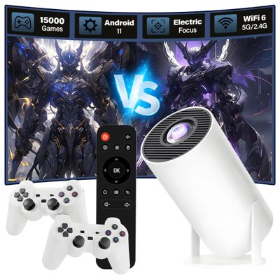 XIXIMENG M300 PRO Mini Projector with 2 Controller,15000+ Games 14 Emulators Portable Smart Projector with WiFi and Bluetooth,Android 11 Game Projectors,Auto Focus & Keystone,RK3326 Chip,180Rotation