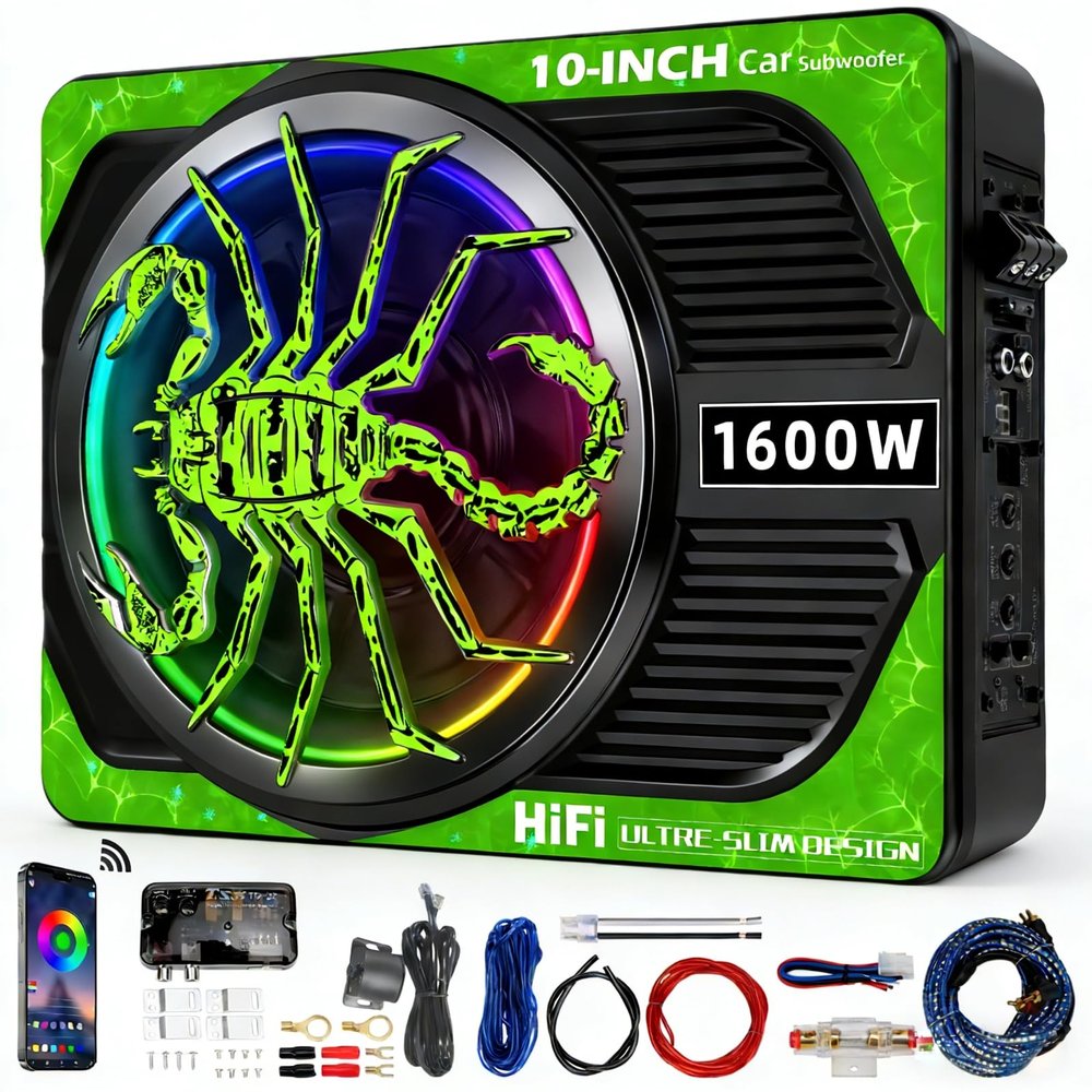 2026 Upgraded 10" 1600W Slim Under Seat Car Subwoofer with Built-in Amp & LED Ambient Lights - Low Profile Bass Sub for Car Audio Individual Controls (LPF/Gain/Bass Boost) High Output Distortion-Free