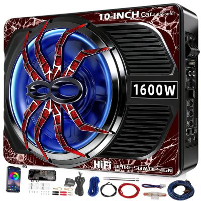 1600W 10" Slim Under Seat Subwoofers with Built-in Amp | LED Ambient Light, Deep Bass, Individual Controls (LPF/Gain/Bass Boost), High Output Distortion-Free Audio, Suitable for All Vehicle Models