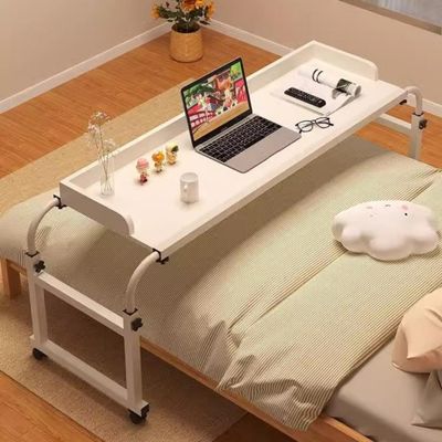 Adjustable Rolling Overbed Table with Wheels - Expandable Wooden Laptop Desk, Height Adjustable, White, Perfect for Bedroom & Living Room Workstations