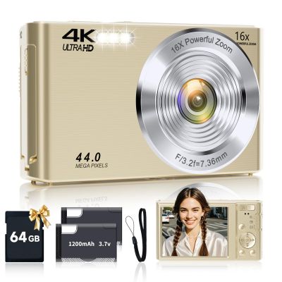 Digital Camera, 2026 FHD 4K Autofocus Digital Camera with 64GB SD Card 16X Digital Zoom, Gold Cameras for Photography Portable Compact Point and Shoot Camera for Teens Adult Kids Gift