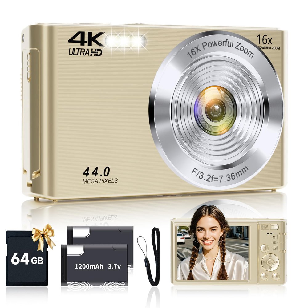 Digital Camera, 2026 FHD 4K Autofocus Digital Camera with 64GB SD Card 16X Digital Zoom, Gold Cameras for Photography Portable Compact Point and Shoot Camera for Teens Adult Kids Gift