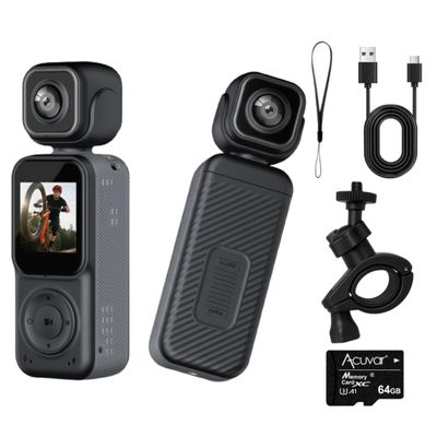 Acuvar 4K Pocket Vlogging Camera with Dual Front & Rear Cameras, 3-Axis Gimbal Stabilizer, Handheld Portable Video Camera with WiFi, Split-Screen LCD, Face Tracking, 270 Rotation & 64GB SD Card