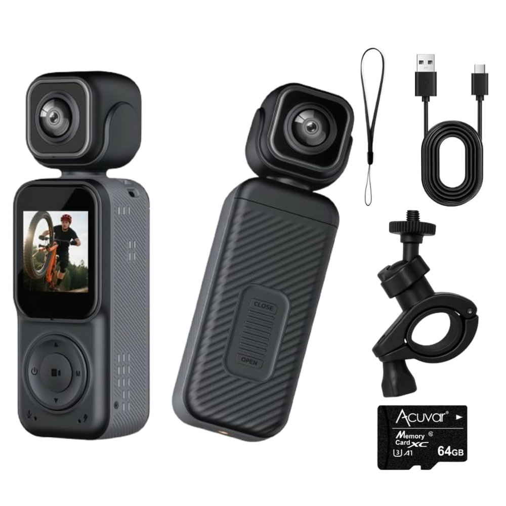 Acuvar 4K Pocket Vlogging Camera with Dual Front & Rear Cameras, 3-Axis Gimbal Stabilizer, Handheld Portable Video Camera with WiFi, Split-Screen LCD, Face Tracking, 270 Rotation & 64GB SD Card