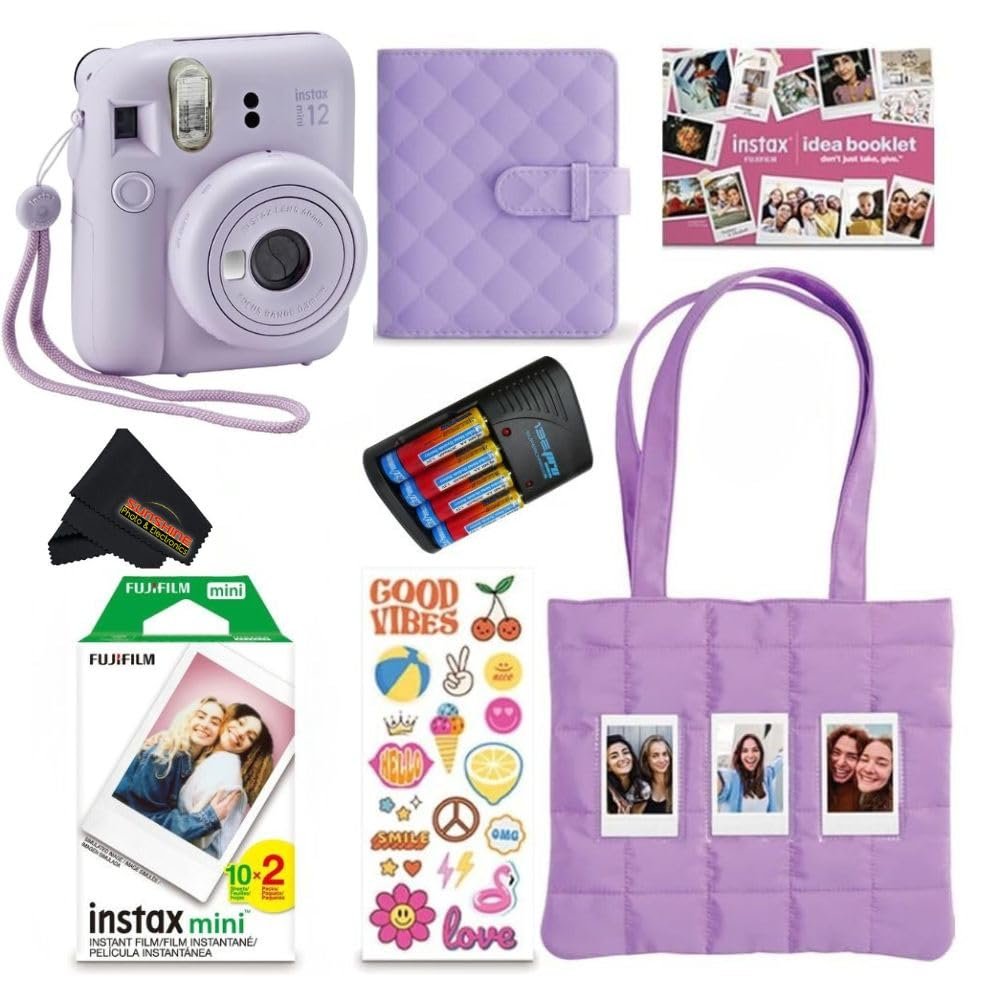 FUJIFILM INSTAX Mini 12 Holiday Bundle 2025 | with Extra Instax Mini Film + 4 Pk AA Batteries & Sunshine Photo Microfiber Cleaning Cloth (10 Items) (20 Sheets, Lilac Purple)