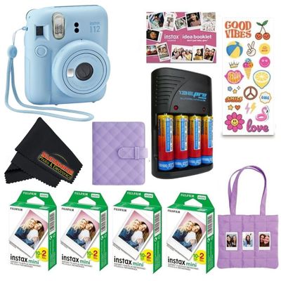 FUJIFILM INSTAX Mini 12 Holiday Bundle 2025 | with Extra Instax Mini Film + 4 Pk AA Batteries & Sunshine Photo Microfiber Cleaning Cloth (10 Items) (80 Sheets, Pastel Blue)