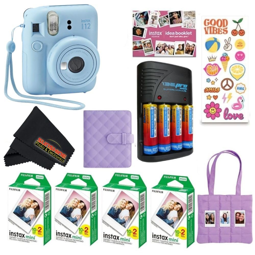 FUJIFILM INSTAX Mini 12 Holiday Bundle 2025 | with Extra Instax Mini Film + 4 Pk AA Batteries & Sunshine Photo Microfiber Cleaning Cloth (10 Items) (80 Sheets, Pastel Blue)