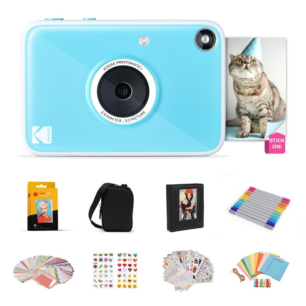 Kodak Printomatic+ Full Color Instant Print Digital Camera Gift Bundle + Case + Zink 2x3 Sticky Back Photo Paper 20pk + Album + Sticker Sets + Sticker Frames + Hanging Frames + Markers - Blue