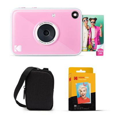 Kodak Printomatic+ Instant Print Digital Camera Starter Bundle + Carrying Case + Zink 20pk Sticky-Back Photo Paper - 10MP, Full-Color Photos, GB LED Status Indicator - Pink