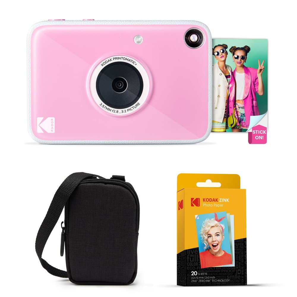 Kodak Printomatic+ Instant Print Digital Camera Starter Bundle + Carrying Case + Zink 20pk Sticky-Back Photo Paper - 10MP, Full-Color Photos, GB LED Status Indicator - Pink