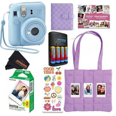 FUJIFILM INSTAX Mini 12 Holiday Bundle 2025 | with Extra Instax Mini Film + 4 Pk AA Batteries & Sunshine Photo Microfiber Cleaning Cloth (10 Items) (20 Sheets, Pastel Blue)