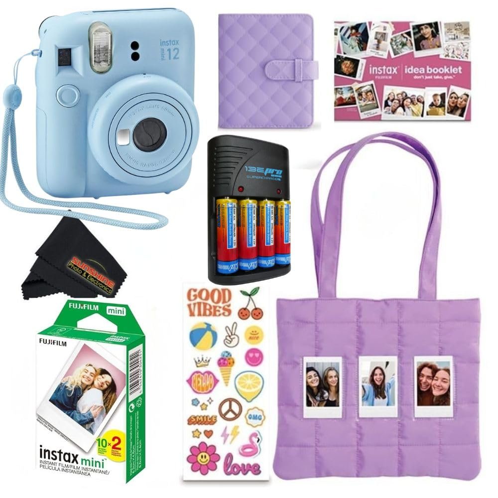 FUJIFILM INSTAX Mini 12 Holiday Bundle 2025 | with Extra Instax Mini Film + 4 Pk AA Batteries & Sunshine Photo Microfiber Cleaning Cloth (10 Items) (20 Sheets, Pastel Blue)