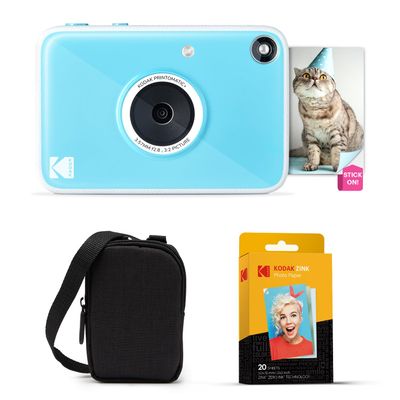 Kodak Printomatic+ Instant Print Digital Camera Starter Bundle + Carrying Case + Zink 20pk Sticky-Back Photo Paper - 10MP, Full-Color Photos, GB LED Status Indicator - Blue