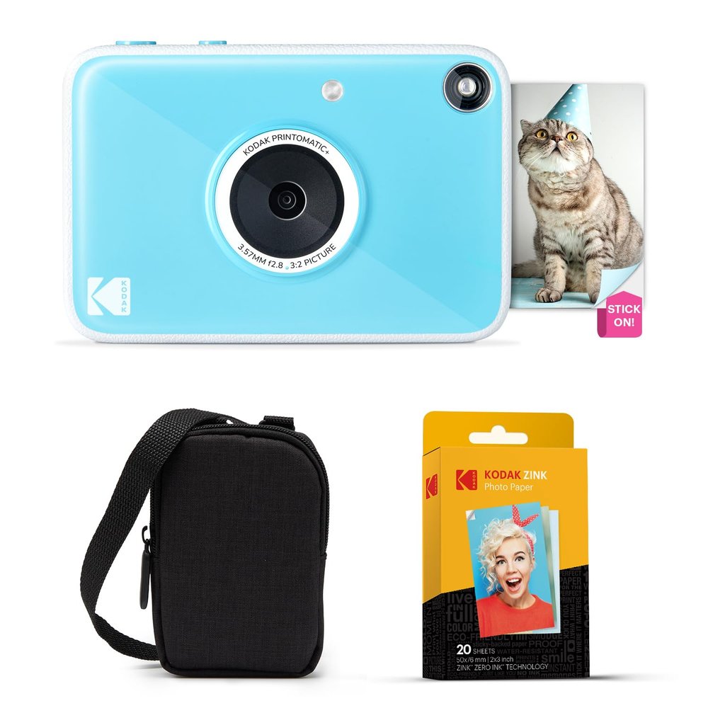 Kodak Printomatic+ Instant Print Digital Camera Starter Bundle + Carrying Case + Zink 20pk Sticky-Back Photo Paper - 10MP, Full-Color Photos, GB LED Status Indicator - Blue