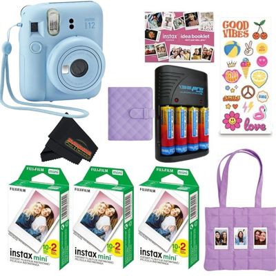 FUJIFILM INSTAX Mini 12 Holiday Bundle 2025 | with Extra Instax Mini Film + 4 Pk AA Batteries & Sunshine Photo Microfiber Cleaning Cloth (10 Items) (60 Sheets, Pastel Blue)
