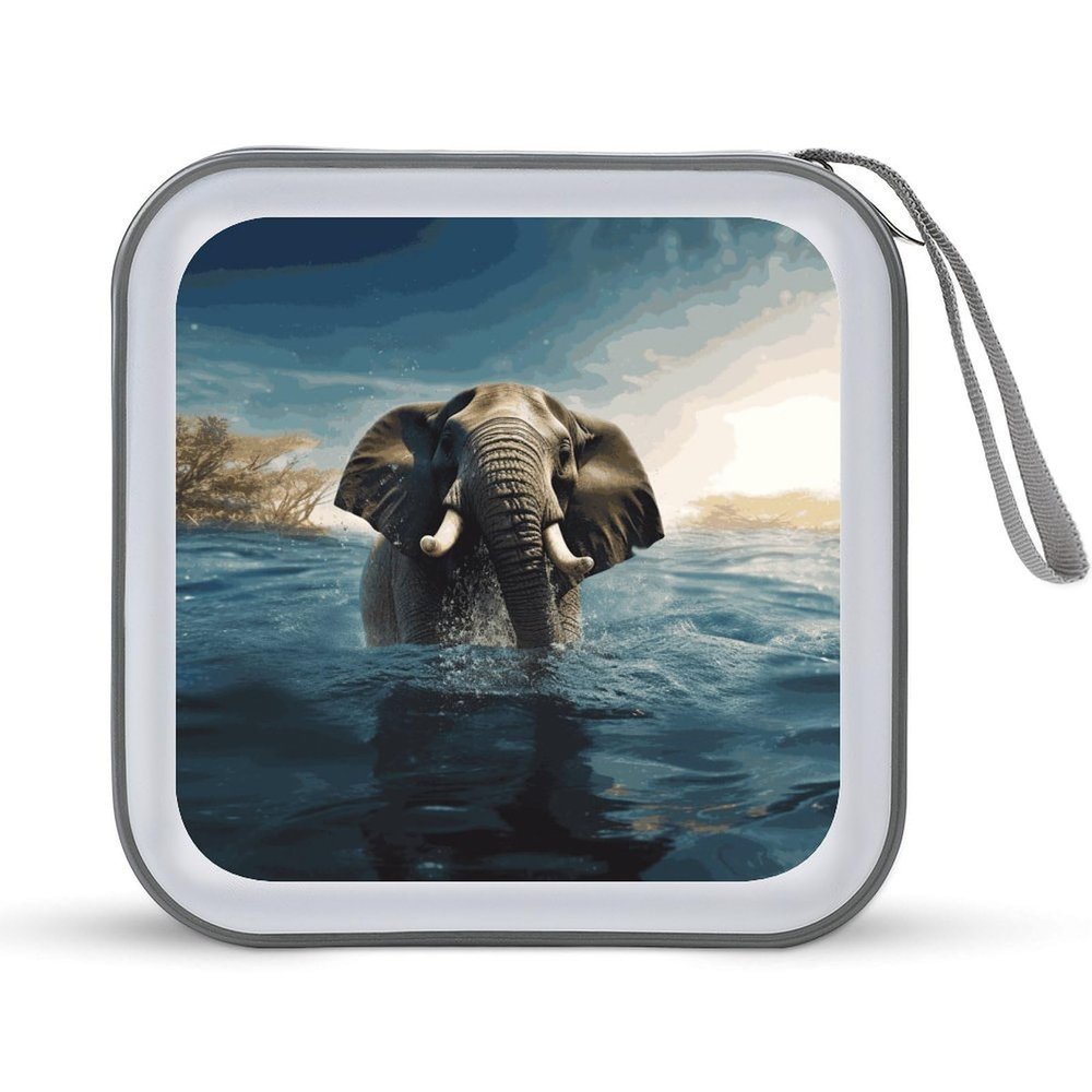MUSM Swimming African Elephant CD Case, 40 Capacity CD/DVD Case Holders Large Storage Disc Wallet Bag Wallet Hard Plastic DVD Disc Cases Storage Binder for Car Home Office Travel