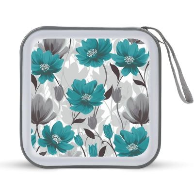 MUSM Teal Grey And White Floral CD Case, 40 Capacity CD/DVD Case Holders Large Storage Disc Wallet Bag Wallet Hard Plastic DVD Disc Cases Storage Binder for Car Home Office Travel