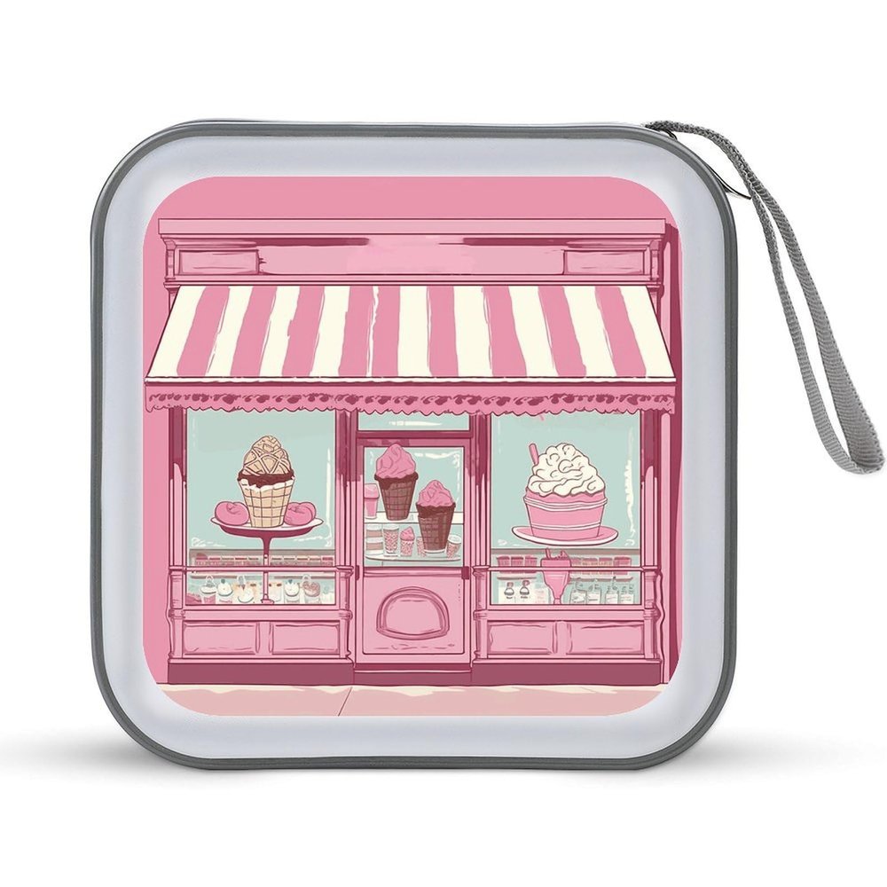 MUSM Ice Cream Store Pink CD Case, 40 Capacity CD/DVD Case Holders Large Storage Disc Wallet Bag Wallet Hard Plastic DVD Disc Cases Storage Binder for Car Home Office Travel