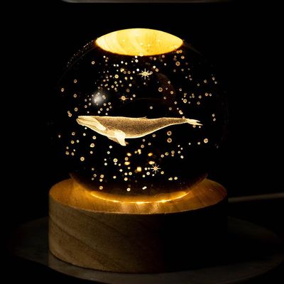 3D Dolphin Laser Engraved Crystal Ball Lamp, 60mm K9 Crystal with Wooden LED Base, Color-Changing Night Light for Home Dcor, Ideal for Lovers, Kids, and Family(3D red Spider Lily)(3D Whale star)