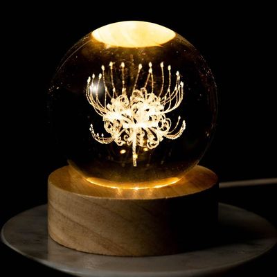 3D Dolphin Laser Engraved Crystal Ball Lamp, 60mm K9 Crystal with Wooden LED Base, Color-Changing Night Light for Home Dcor, Ideal for Lovers, Kids, and Family(3D red Spider Lily)(3D red spider lily)