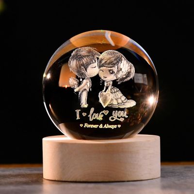 3D Dolphin Laser Engraved Crystal Ball Lamp, 60mm K9 Crystal with Wooden LED Base, Color-Changing Night Light for Home Dcor, Ideal for Lovers, Kids, and Family(3D red Spider Lily)(3D Couple)
