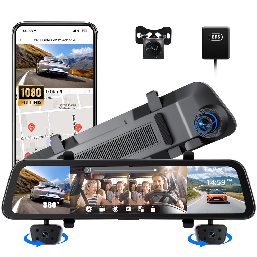 1080P Mirror Dash Cam, 12" 4 Channel Front and Rear Inside View Mirror Camera Mirror Dash Cam with GPS,Night Vision,G-Sensor,Parking Assistance,APP Control,Parking Monitor,Waterproof Backup Camera