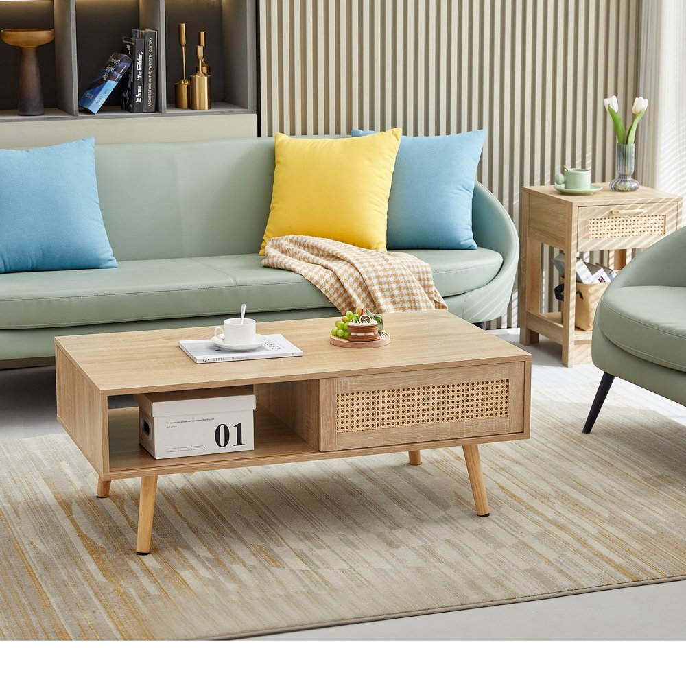55.12" Rattan TV Cabinet, Double Sliding Doors for Storage, Adjustable Shelf, Solid Wood Legs, TV Console for Living Room,for The Living Room