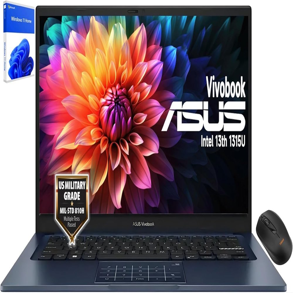 ASUS Vivobook 14" Laptop - FHD (1920 * 1080) - Intel Core i3-1315U - 6 Cores - Intel UHD Graphics - Privacy Camera - 180 Lay-Flat Hinge - Windows 11 Home - w/Wireless Mouse (16GB RAM | 512GB SSD)