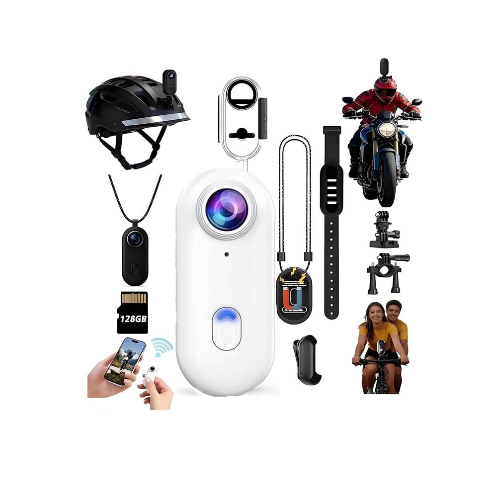 4K Mini Body Cam,Waterproof Pocket Sports Camera Wearable Adventure POV pro Thumb Camera, Hands Free Magnetic Motorcycle Cam,for Bike Cycling,Vlogging Pet Walk Swim Diving (white-128G)
