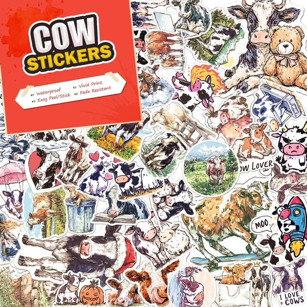 100 PCS Cow Stickers Pack  Waterproof Vinyl Decals for Water Bottles, Laptops, Phones, Notebook, Cars  Cool Vibrant Graphics for Cow Enthusiast