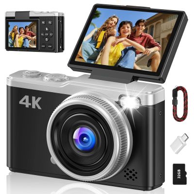 4K Digital Camera for Photography, 64MP Point and Shoot Digital Cameras with 16X Digital Zoom, 2.4 180Flip Screen Compact Travel Camera Auto Focus Vlogging Camera for YouTube Video (Black)