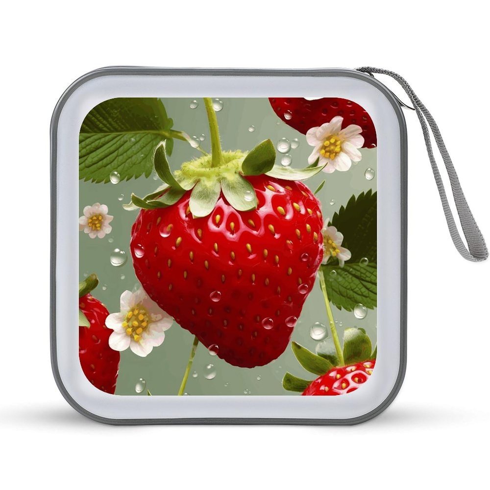 YHNNH Lovely Strawberry DVD Case,Portable Zipper CD Holder EVA Protective Blu-ray Wallet Hard Plastic DVD Case Large Storage Disc Wallet Bag for Car, Home, Office, Games Disc