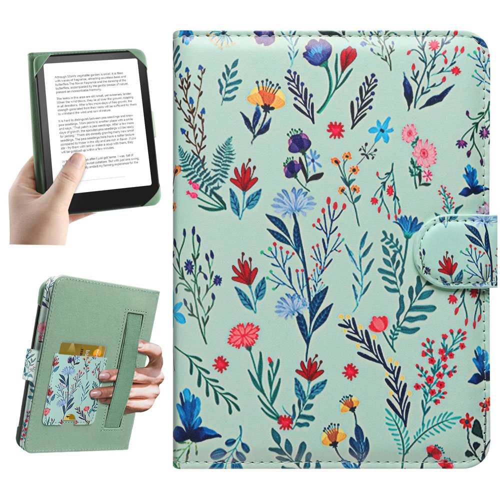 HoYiXi Universal Case for 6.8-7'' Kindle eReader Compatible with Paperwhite/Pocketbook and Tolino/Kobo Clara 2E/Kobo Clara HD,6.8" -7'' eReader Protective Cover with Built-in Card Slot,Flower