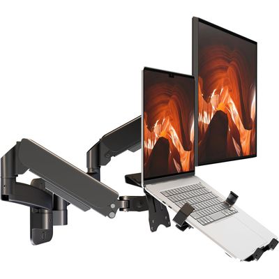 PUTORSEN Monitor and Laptop Wall-Mount - Full Motion 2-in-1 Monitor Arm Fits Max 32" Screen and 18" Laptop, Holds up to19.8lbs, Detachable Laptop Tray with Adjustable Slide Clamp, VESA 75x75/100x100