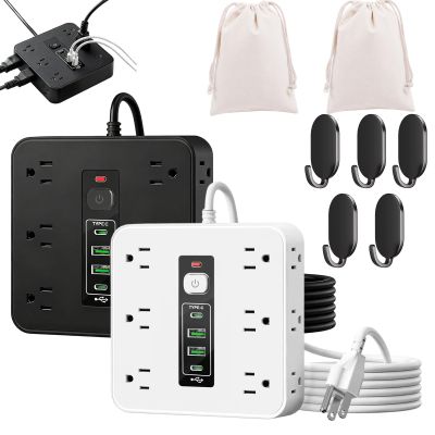 16-in-1 Power Strip with Switch & Surge Protection, Portable Flat Plug Power Strip Surge Protector, 2 m Extension Cord, 12 Ac Outlets, 2 USB & 2 Type-C Ports for Home,Office (Black&White)