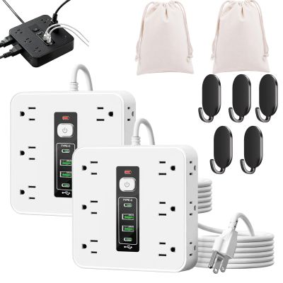 16-in-1 Power Strip with Switch & Surge Protection, Portable Flat Plug Power Strip Surge Protector, 2 m Extension Cord, 12 Ac Outlets, 2 USB & 2 Type-C Ports for Home,Office (2PCS White)