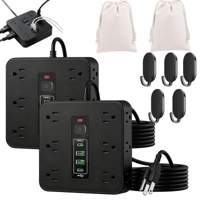 16-in-1 Power Strip with Switch & Surge Protection, Portable Flat Plug Power Strip Surge Protector, 2 m Extension Cord, 12 Ac Outlets, 2 USB & 2 Type-C Ports for Home,Office (2PCS Black)