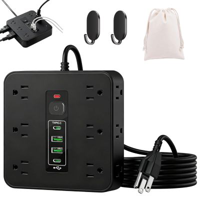 16-in-1 Power Strip with Switch & Surge Protection, Portable Flat Plug Power Strip Surge Protector, 2 m Extension Cord, 12 Ac Outlets, 2 USB & 2 Type-C Ports for Home,Office (Black)