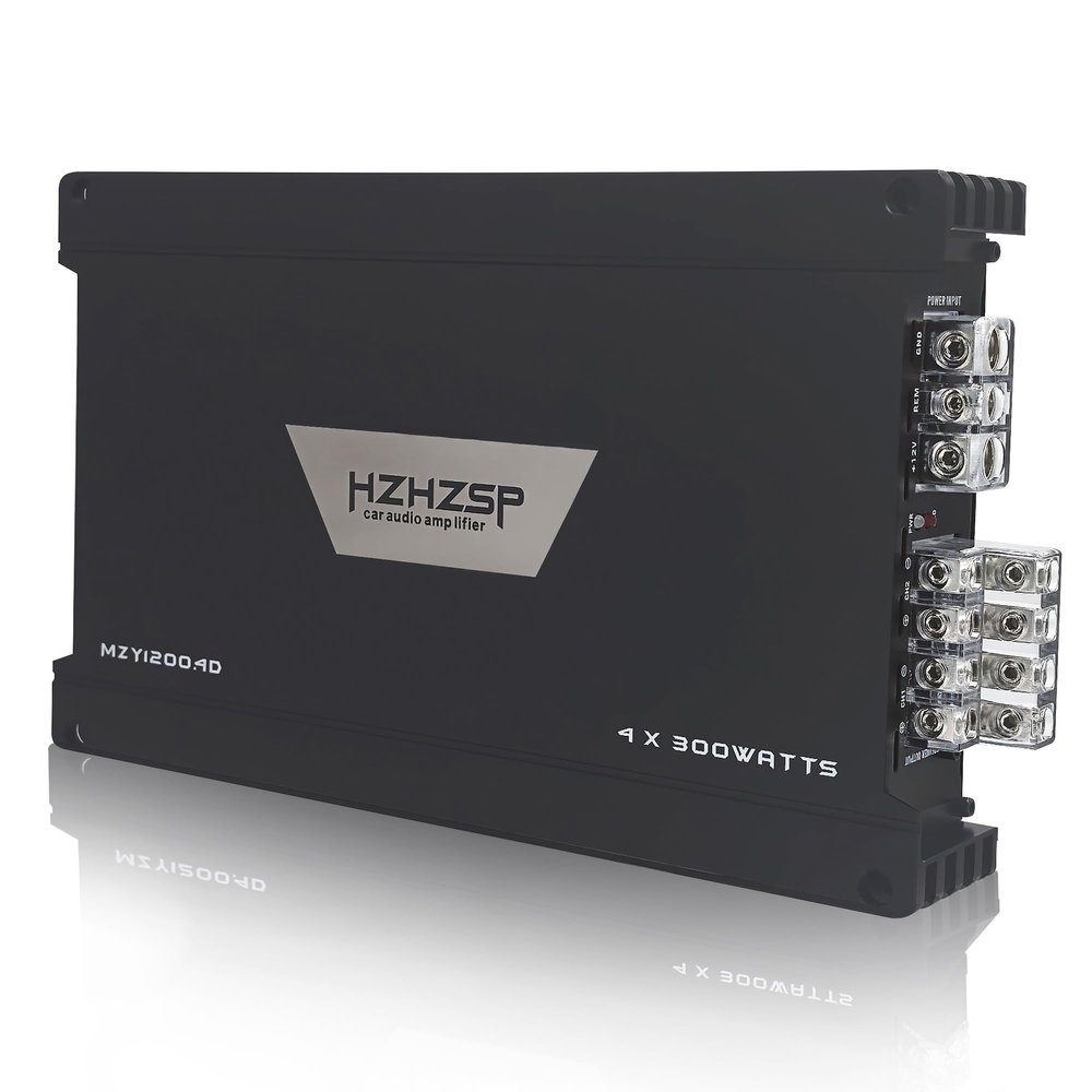 HZHZSP 1200W 4 Channel Car Amplifier Class D - Adjustable Crossover, Bridgeable 400W x 2 @ 4 Ohm, Compact Aluminum Design with RCA and High Level Inputs