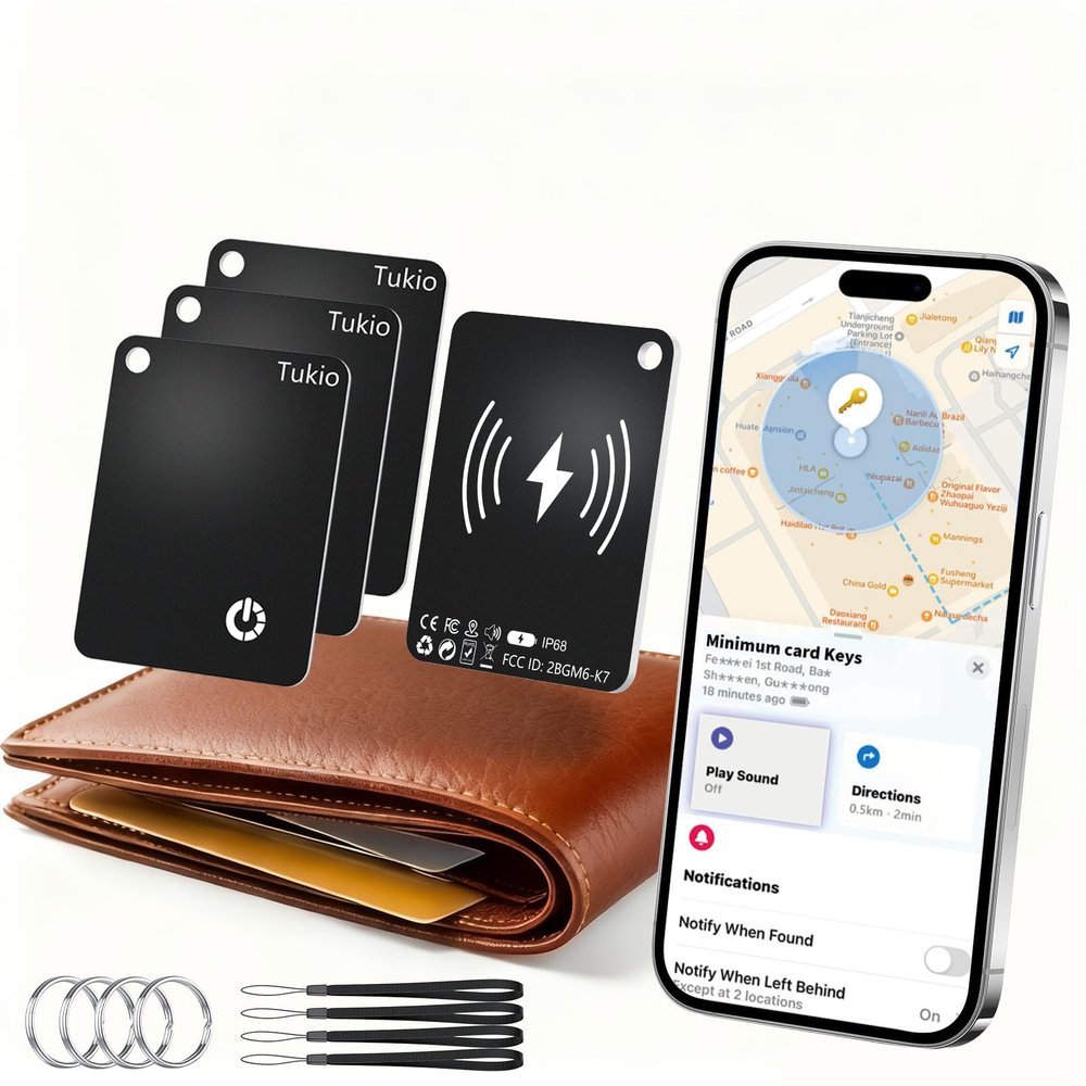 Wallet Tracker Card, Slim Card Tracker for Wallet Compatible with Apple Find My (iOS only), Bluetooth Tracker IP68, Rechargeable Item Finder for Keys, Bags, Passport, 4 pack Black[Apple MFi Certified]