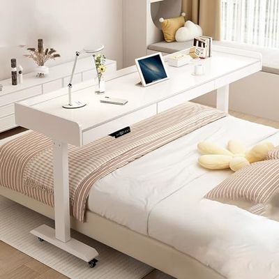 Adjustable Height Mobile Laptop Bed Desk with Drawer & Wheels - Overbed Table for Home & Hospital, Rolling Bedside Workstation, Perfect for Bedroom Use.
