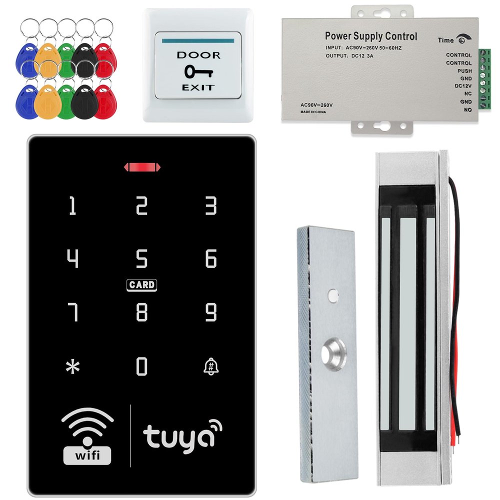 AccessShield Access Control System with Tuya IP68 Waterproof RFID Keypad+Power Supply +Switch +15pcs 13.56MHz ID Keyfobs+ (Electric Lock)