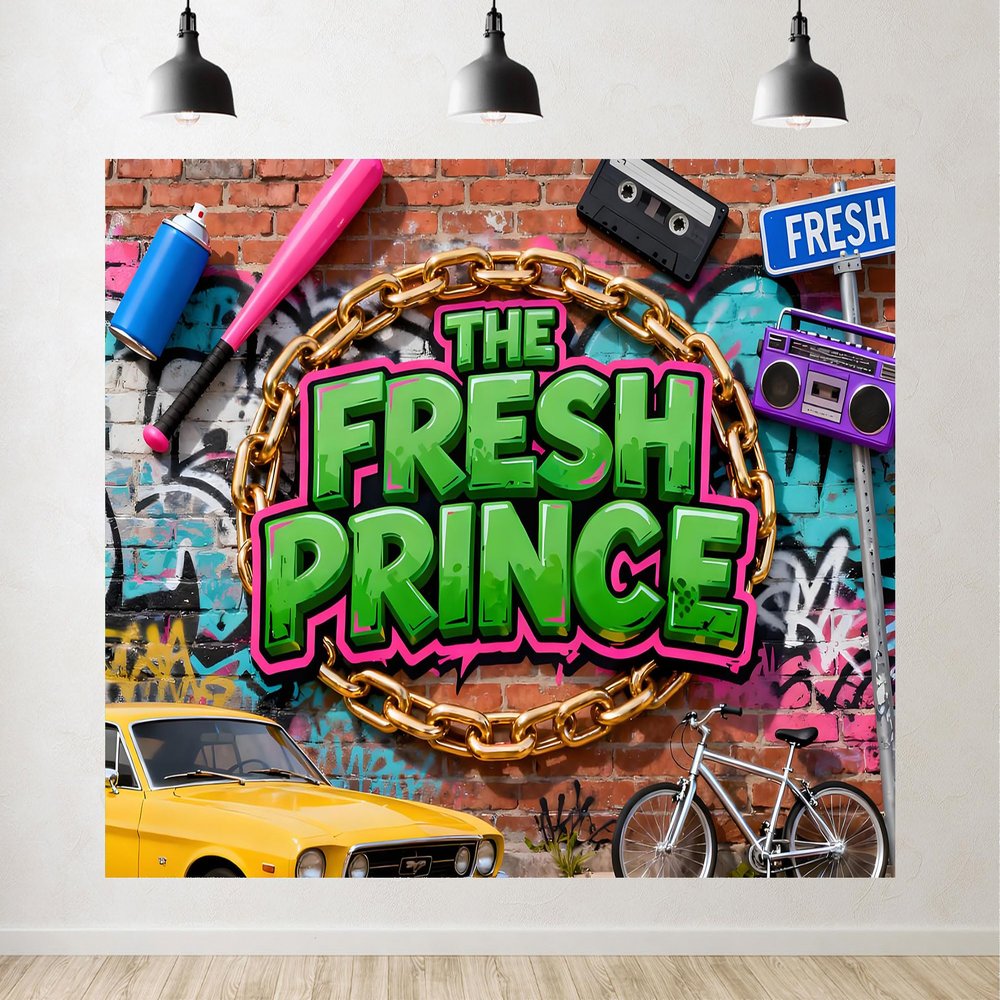 10x6.5ft Fresh Prince Photography Backdrop, Hip Hop 90s Style Graffiti Wall Gold Chain Design Party Banner Decorations Photoshoot Studio Props Fabric