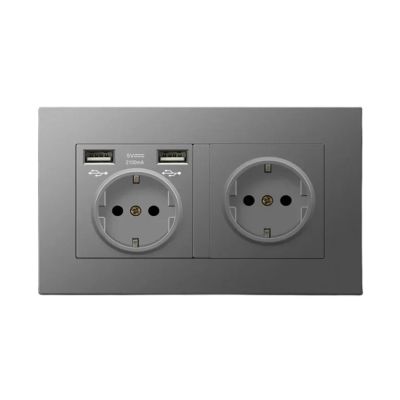 Black PC European Standard Dual 16A Wall Socket with USB Charging Port, USB Plug Adapter 220V Power Socket Strip 146mm*86mm(110-250V_Grey(2 USB))