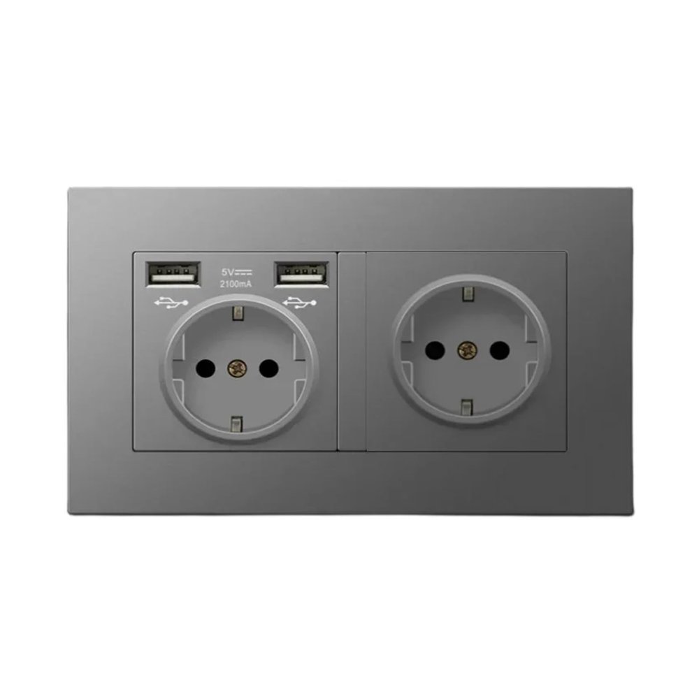 Black PC European Standard Dual 16A Wall Socket with USB Charging Port, USB Plug Adapter 220V Power Socket Strip 146mm*86mm(110-250V_Grey(2 USB))