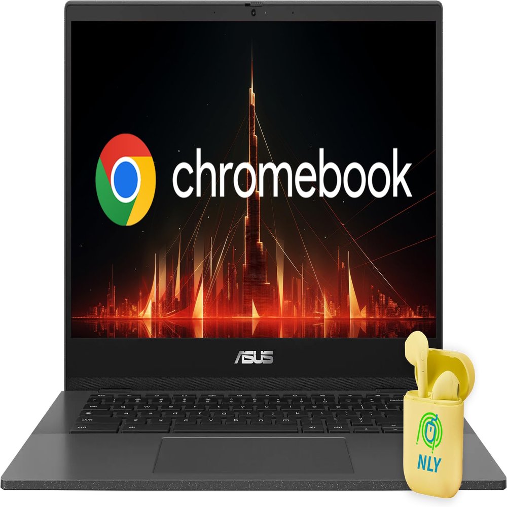 ASUS Chromebook Laptop, 14" FHD LED Display, 8-Core MediaTek Kompanio 520, 4GB 3600MHz RAM, 128GB Storage (64GB eMMC+64GB SD Card), Chrome OS, HD Webcam, WiFi 6, Thunderbolt 4, NLY Earphones, Gray